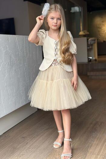 Riccotarz Girl's Watermelon Sleeve Button Detailed Jacket Layered Tulle Cream Skirt Suit