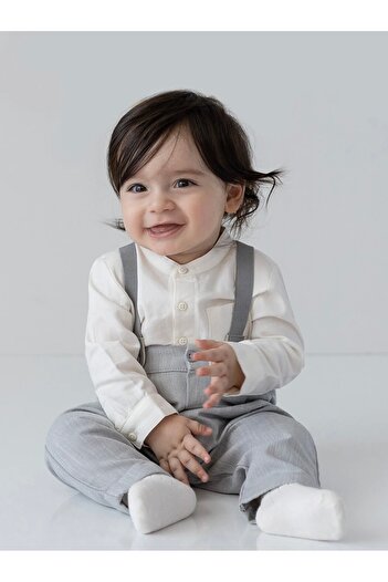 LC Waikiki KANZ Prevailing Collar Long Sleeve Baby Boy Snap Body, Pants and Trouser Suspender 3-Piece Set
