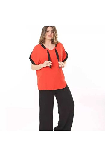 BİrHoşButik LARGE SIZE AEROBIN FABRIC COLLAR LACE-UP ARM LACE-UP WAIST RUBBER V-NECK WIDE MOLD TREND SET