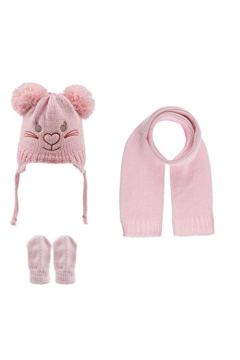 Kitti Kız Bebek Atkı Bere Eldiven 3 Lü Takım 3-9 Aylık