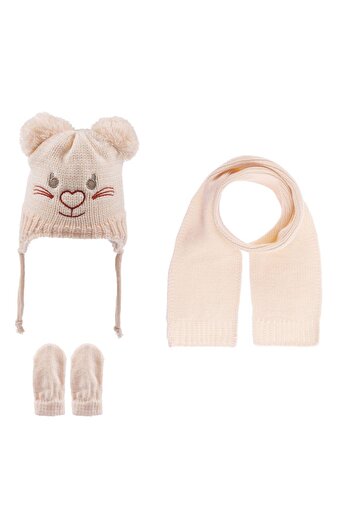 Kitti Kız Bebek Atkı Bere Eldiven 3 Lü Takım 3-9 Aylık