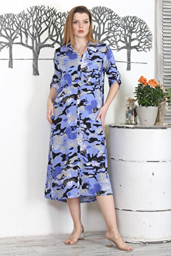Chiccy Camouflage Blue Shirt Collar Buttoned Long Sleeve Printed Casual Woven Dress