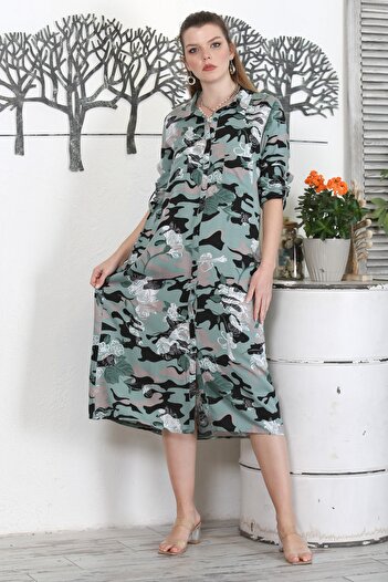 Chiccy Camouflage Khaki Shirt Collar Buttoned Long Sleeve Printed Casual Woven Dress