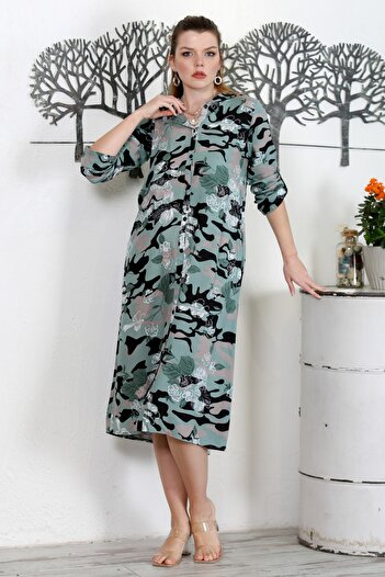 Chiccy Camouflage Khaki Hooded Buttoned Long Sleeve Hidden Pocket Printed Casual Woven Dress
