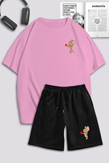 macklin Unisex Γυναικεία Ανδρικά Σετ φόρμας Tom and Jerry Heart με στάμπα ειδικής σχεδίασης Oversize μπλουζάκι και σορτς