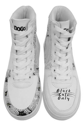 Dogo Women's Vegan Leather White High Sneakers - Black Cats Only Design