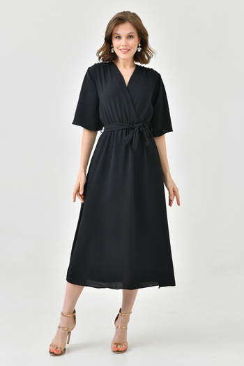 lovebox Aerobin Fabric Elastic Waist Belt Detailed Bat Sleeve 130 cm Midi Double Breasted Collar Black Dress 097