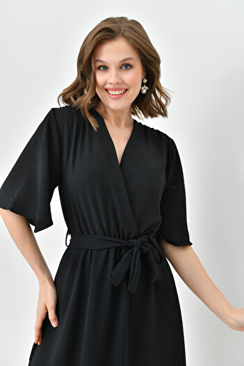 lovebox Aerobin Fabric Elastic Waist Belt Detailed Bat Sleeve 130 cm Midi Double Breasted Collar Black Dress 097