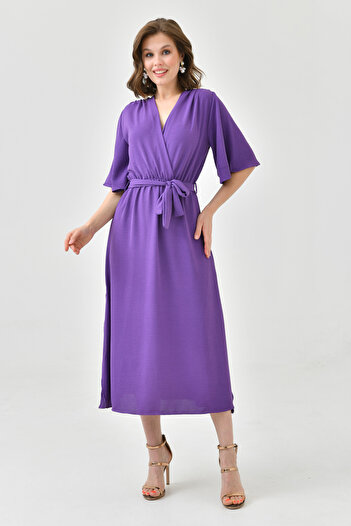 lovebox Aerobin Fabric Elastic Waist Belt Detailed Bat Sleeve 130 cm Midi Double Breasted Collar Purple Dress 097