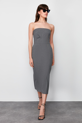 Trendyol Collection Anthracite A-Line Pocket Detailed Strapless Collar Polyviscose Midi Woven Dress TWOSS24EL00643