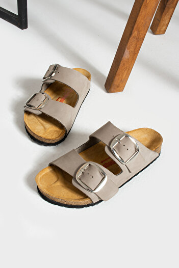 Uniqueqoop Orthopedic Genuine Leather Women's Slippers - Tokyo Big Buckle Cork Sole