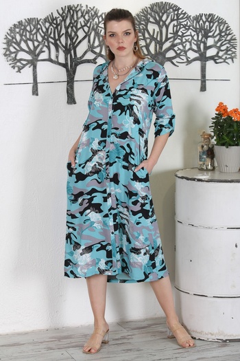 Chiccy Camouflage Green Hooded Buttoned Long Sleeve Hidden Pocket Printed Casual Woven Dress