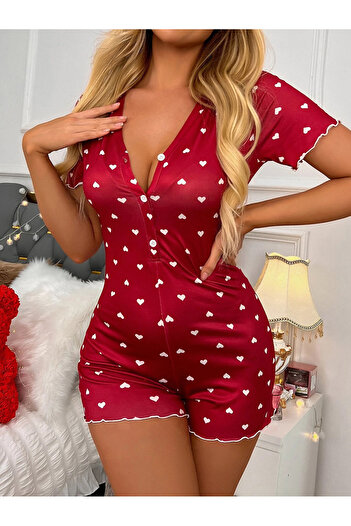 the DIFFerent Red heart print short sleeve sleepwear jumpsuit