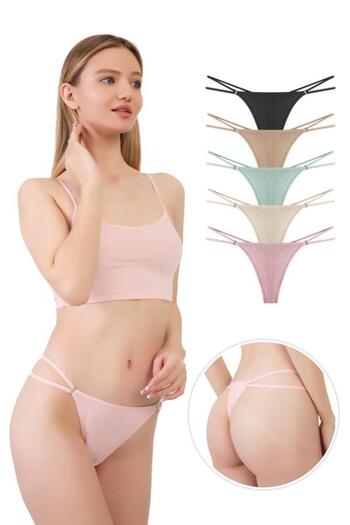 Cottonhill Women's Cotton and Stone Detailed Lycra Ribbed Camisole Thong Panties Pack of 5