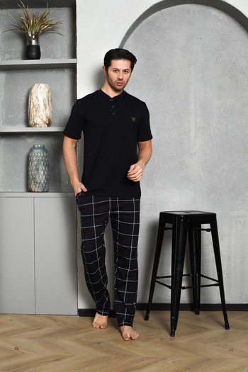 AHENGİM Men's Pajama Set Single Jersey Short Sleeve Plaid Shoulder Trolley Embroidered Cotton M58342319