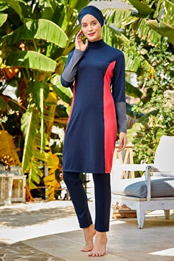 MEBA Women's Navy Blue Patterned Plus Size Full Covered Hijab Swimsuit