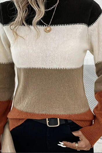 ESSFASIHON Women's Long Sleeve Crew Neck Three Color Knitwear Sweater