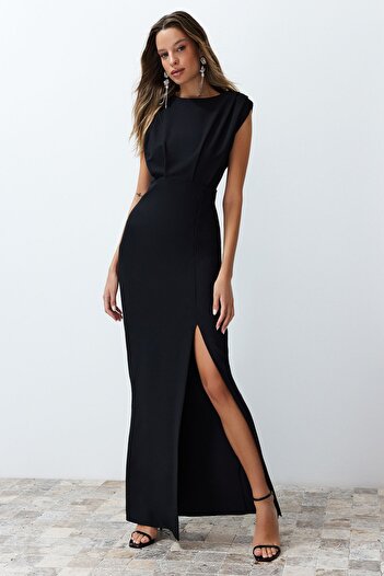 Trendyol Collection Černé vycpané tkané dlouhé stylové večerní šaty Tprss24Ae00087