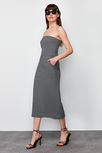 Trendyol Collection Anthracite A-Line Pocket Detailed Strapless Collar Polyviscose Midi Woven Dress TWOSS24EL00643