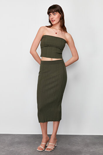 Trendyol Collection Khaki Midi Knitwear Premium Yarn/ Special Yarn Skirt TWOSS24ET00042