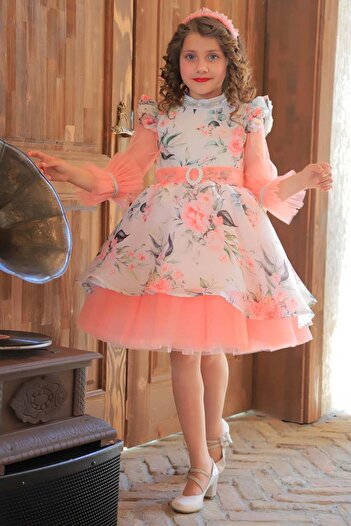 Riccotarz Girl's Floral Print Pink Dress with Ruffle Detail on the Shoulder and Sleeves and Embroidered Rhinestones