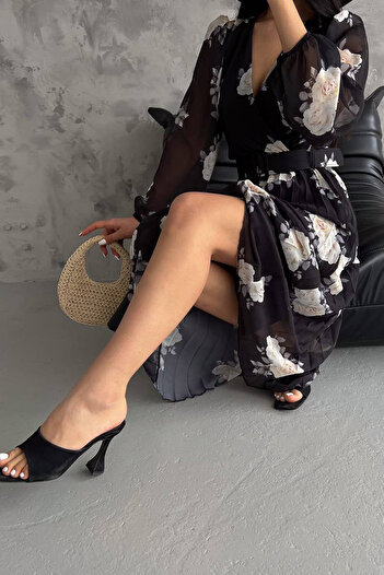 Neşeli Butik rochie din șifon cu imprimeu trandafiri, cu decolteu dublu, cu curea pentru femei, NB0113
