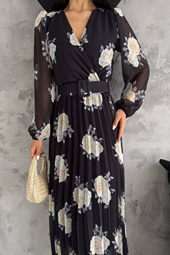 Neşeli Butik rochie din șifon cu imprimeu trandafiri, cu decolteu dublu, cu curea pentru femei, NB0113