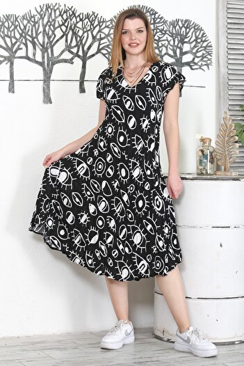 Chiccy Black-White V-Neck Low Sleeve Printed Casual Woven Dress