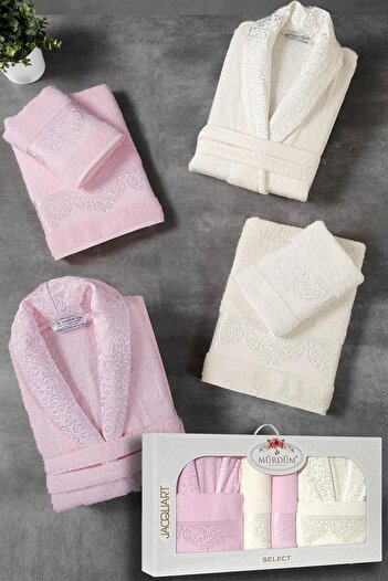 Mürdüm Home 10 Piece Boxed Jacquard Patterned Bathrobe Set Bathrobe Set Dowry Set