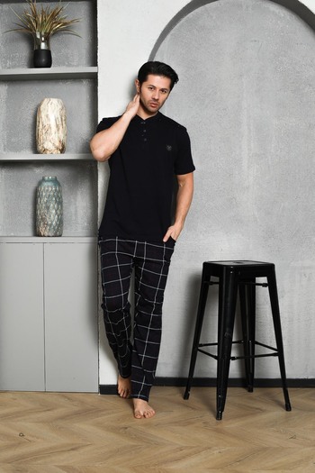 AHENGİM Men's Pajama Set Single Jersey Short Sleeve Plaid Shoulder Trolley Embroidered Cotton M58342319