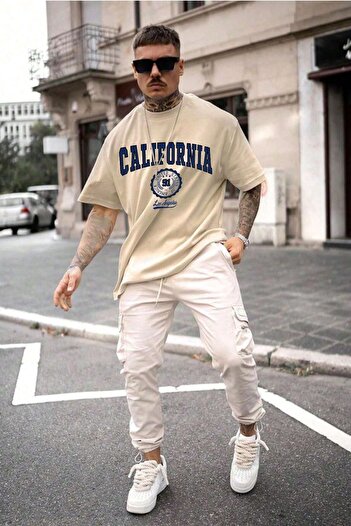 MODAGEN Men's Beige Crew Neck California Oversize T-Shirt