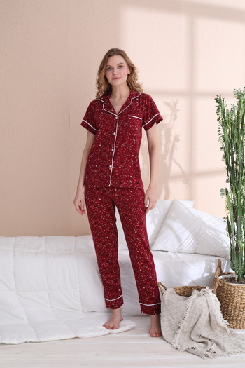 JENİKA Women's Burgundy Leaf Buttoned 2-Piece Short Sleeve Pajama Set