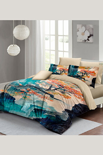 MonoHome Kıng Sıze %100 Pamuk Saten Çift Kişilik Nevresim Takımı Fantasy River 220x240cm