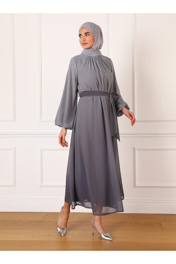 Refka Belted Gradient Patterned Chiffon Hijab Evening Dress - Granite - Refka