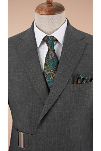 LONATOLİA Men's Buckle Double Breasted Suit Italian Style Slim Fit Jacket Trousers-Grey