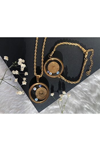 HA WEL ACCESSORY ÇELİK AÇILABİLİR CAM ÇEYREKLİ BURGU BİLEKLİK VE 60CM KOLYE SETİ İKİLİ TAKIM