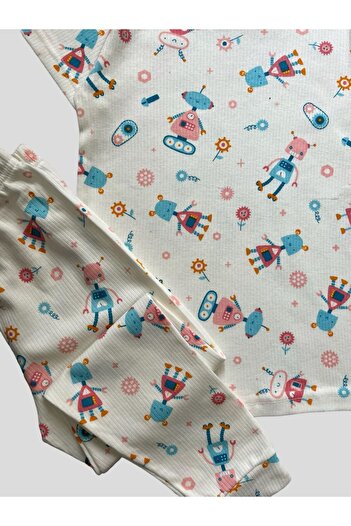 elmas kids Set de pijamale de vară cu mânecă scurtă, din bumbac, cu modele de robot, pentru fete