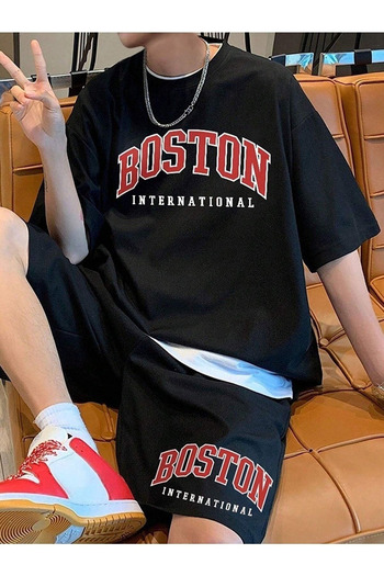 Josette Boston International T-Shirt Shorts - Black Shorts T-Shirt Top Bottom Set Printed Crew Neck