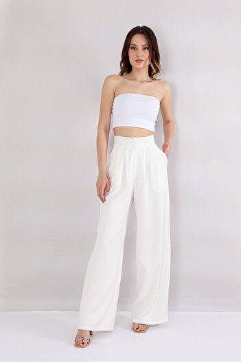 Fashion Showcase Palazzo Double Pleated Wide Leg High Waist Trousers - Ecru