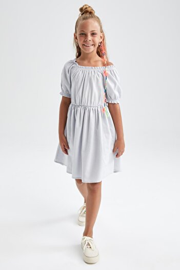 DeFacto Rochie pentru fete cu mânecă scurtă din bumbac cu aspect de in W7755a622sm