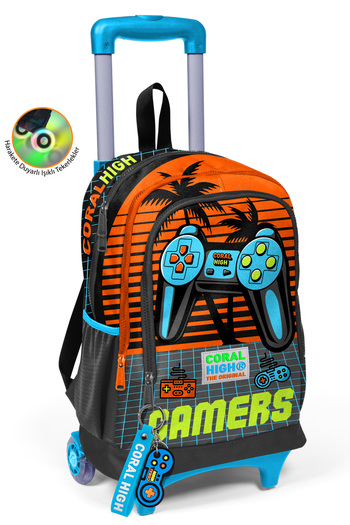 Coral High Kids Gray Orange Gamer Patterned Three Compartment School Backpack with Squeegee 23946