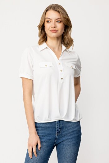 Ekol Ten Shirt Collar Waist Pleated Blouse