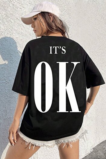 MODAGEN Unisex Μαύρη λαιμόκοψη It's Ok με στάμπα oversize μπλουζάκι