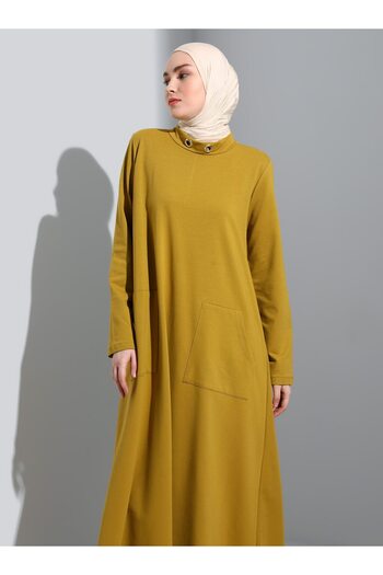 Benin Mevlana Shape Hijab Dress with Metal Accessory Detail - Oil Green - Benin