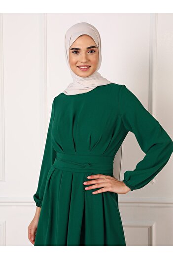 Refka Aerobin Basic Belted Hijab Dress - With Zumrut Yesili - Refka