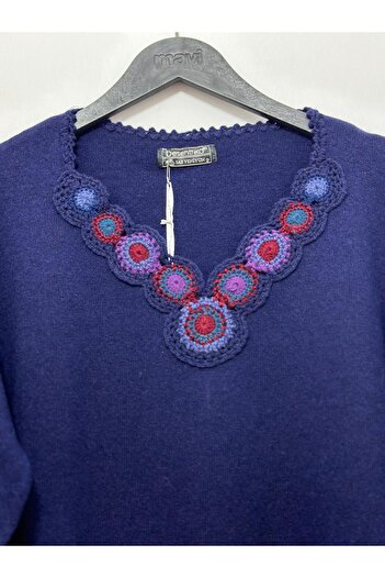Desen Triko Pure Wool V-neck Long Sleeve Embroidered Blouse