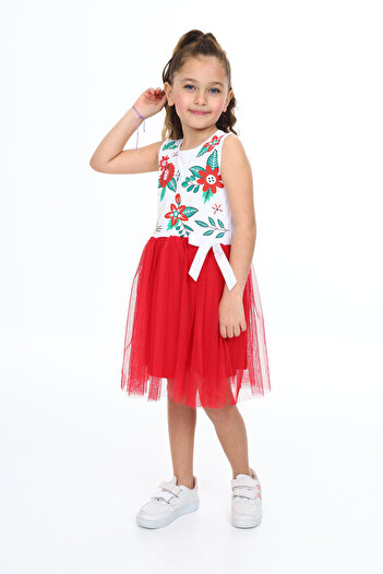 e-çocuk Floral Printed Tulle Girl's Dress - 303520
