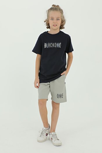 Black One Boy's Print Detailed Crew Neck T-Shirt Shorts Double Summer Set