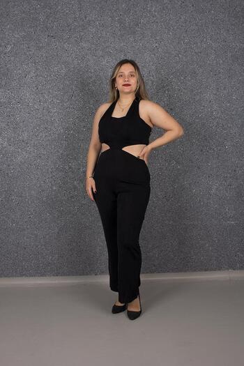 Truva XXL Large Size Candy Fabric Back Low-cut Style Jumpsuit Black T176