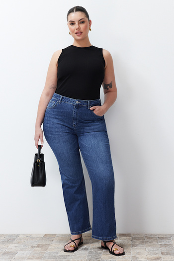 Trendyol Curve Kék Fenntarthatóbb, magas derekú flare farmernadrág TBBSS24CJ00037
